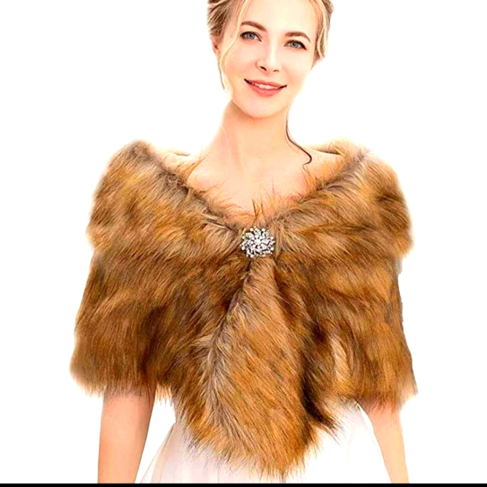 Faux Fur Stole Scarf with Rhinestones Brooch